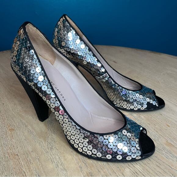 Marc by Marc Jacobs Sequin Peep Toe Pumps Satin Heels EU 40/US 9 - Picture 1 of 14